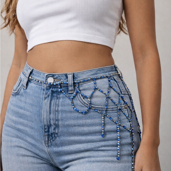 Belt by Fifth Avenue Collection Swarovski Crystal Blue Chain Rhinestone Y2K Glam - Picture 2 of 15